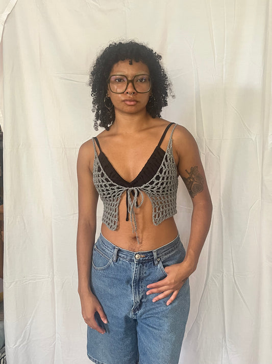 storm gray mesh tie front top