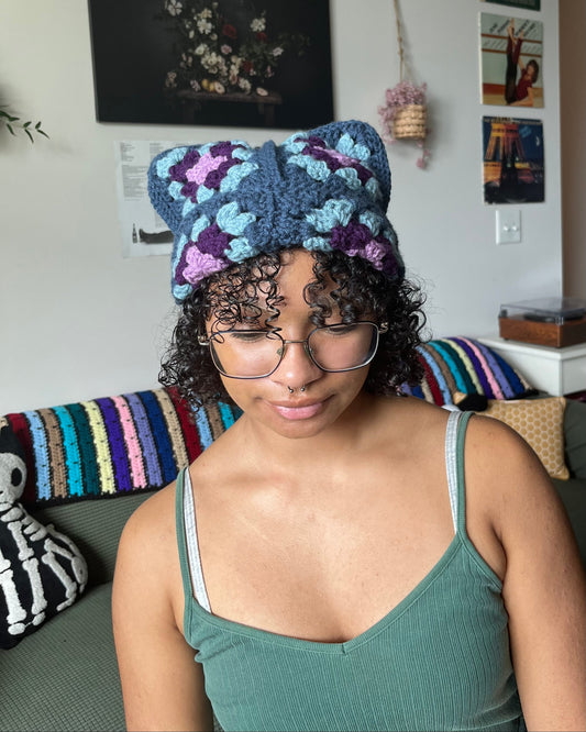 blue granny square cat beanie
