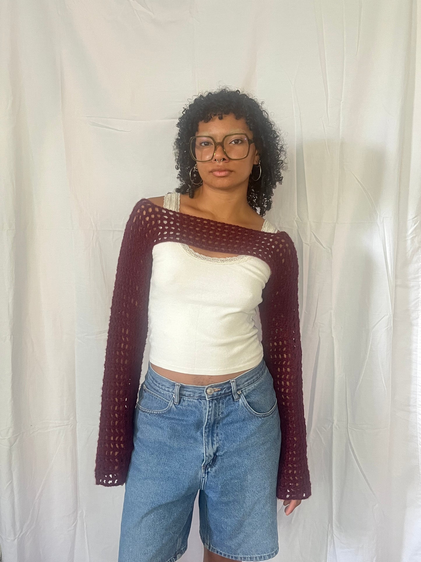 maroon mesh bolero sleeves