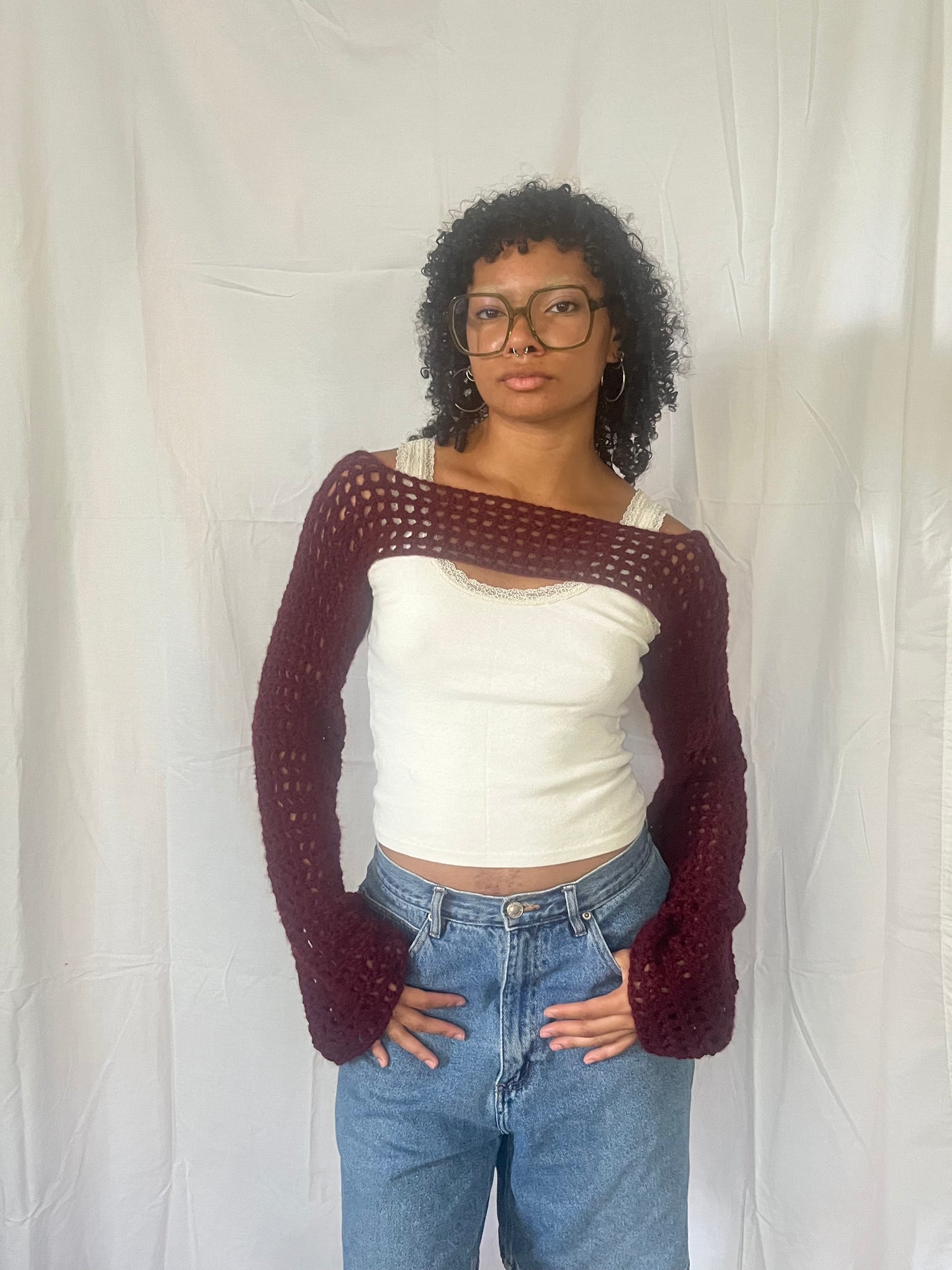 maroon mesh bolero sleeves