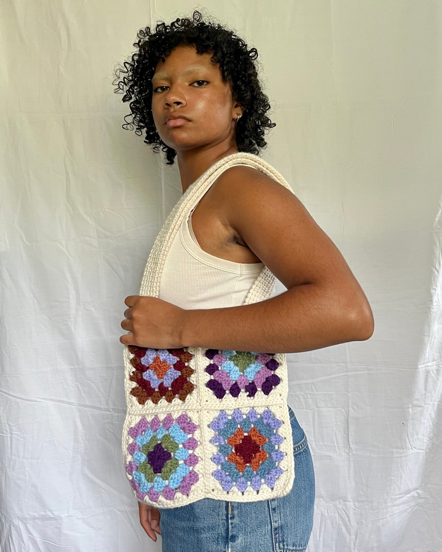 mixed granny square tote bag