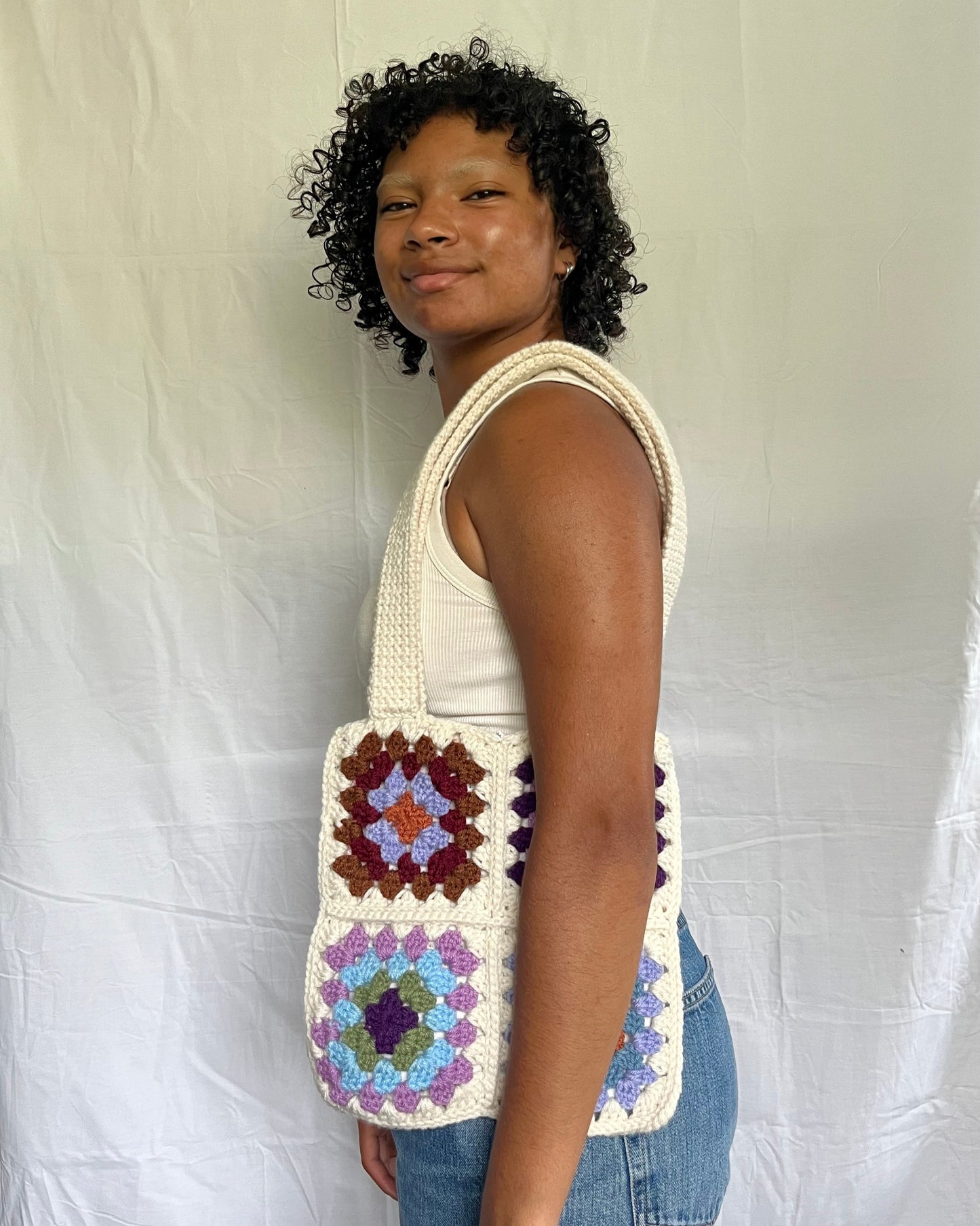mixed granny square tote bag