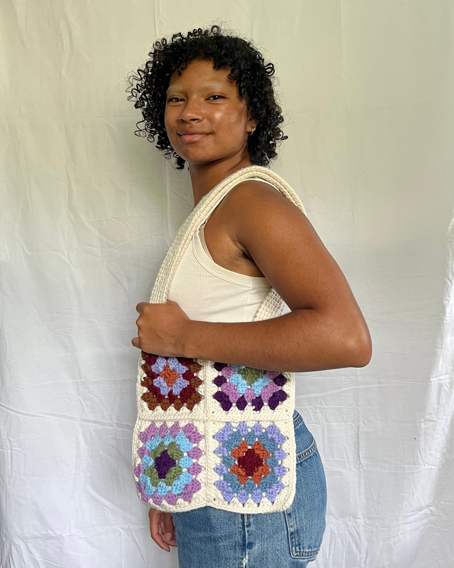 mixed granny square tote bag