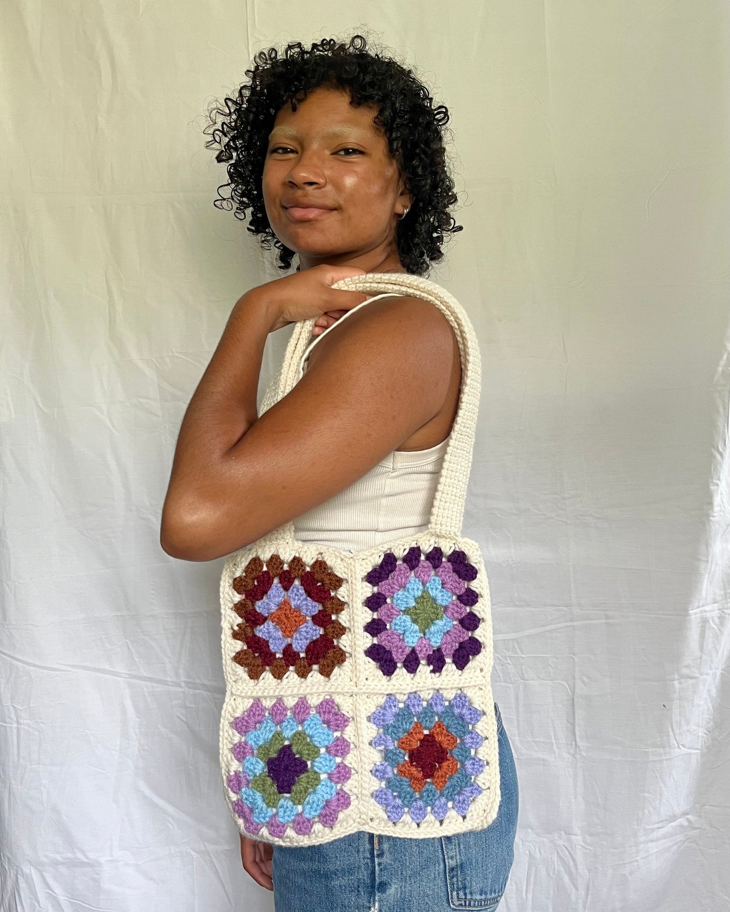 mixed granny square tote bag