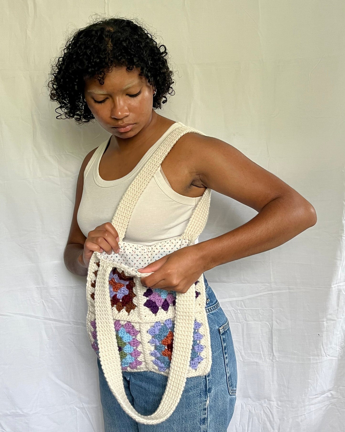 mixed granny square tote bag