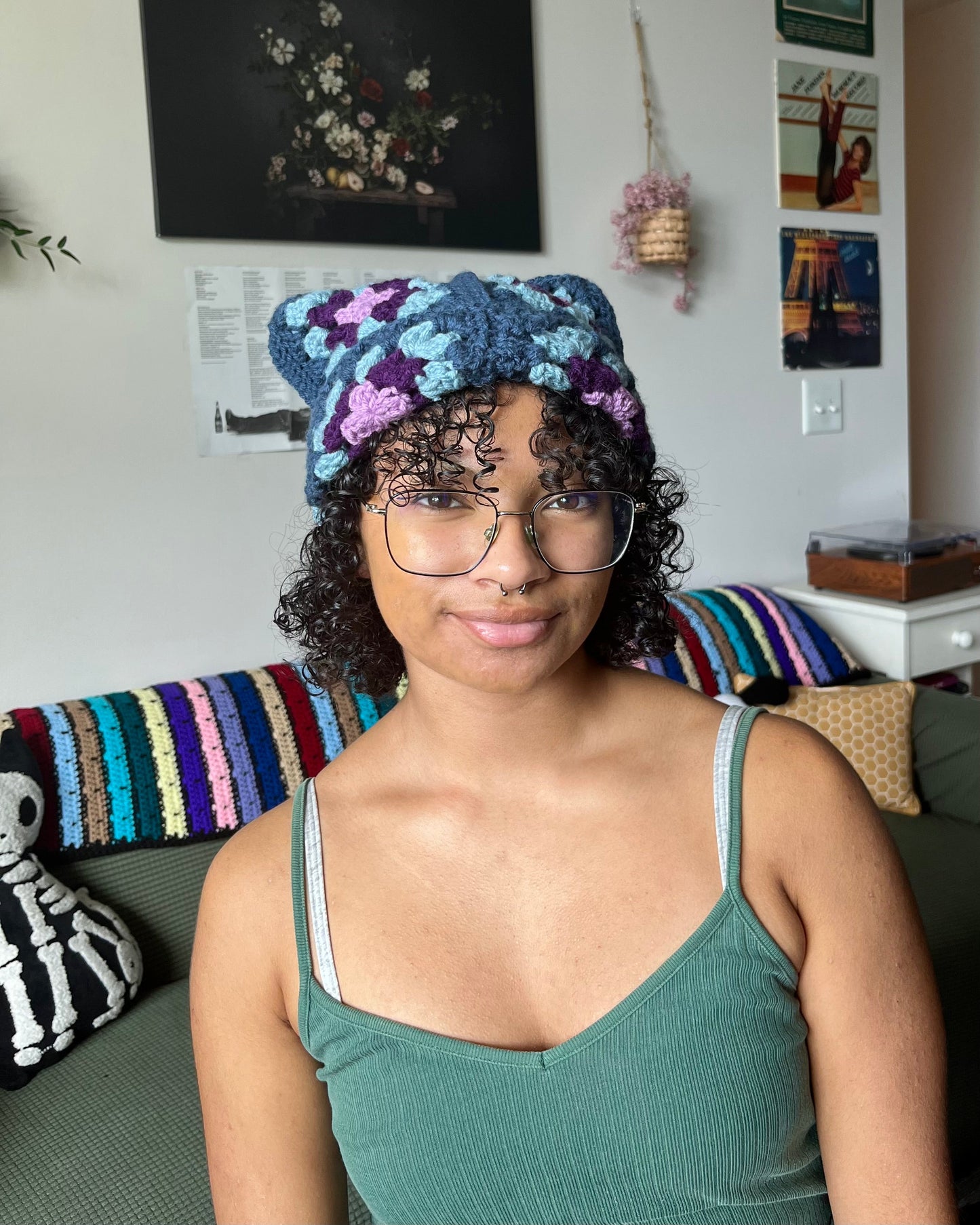 blue granny square cat beanie