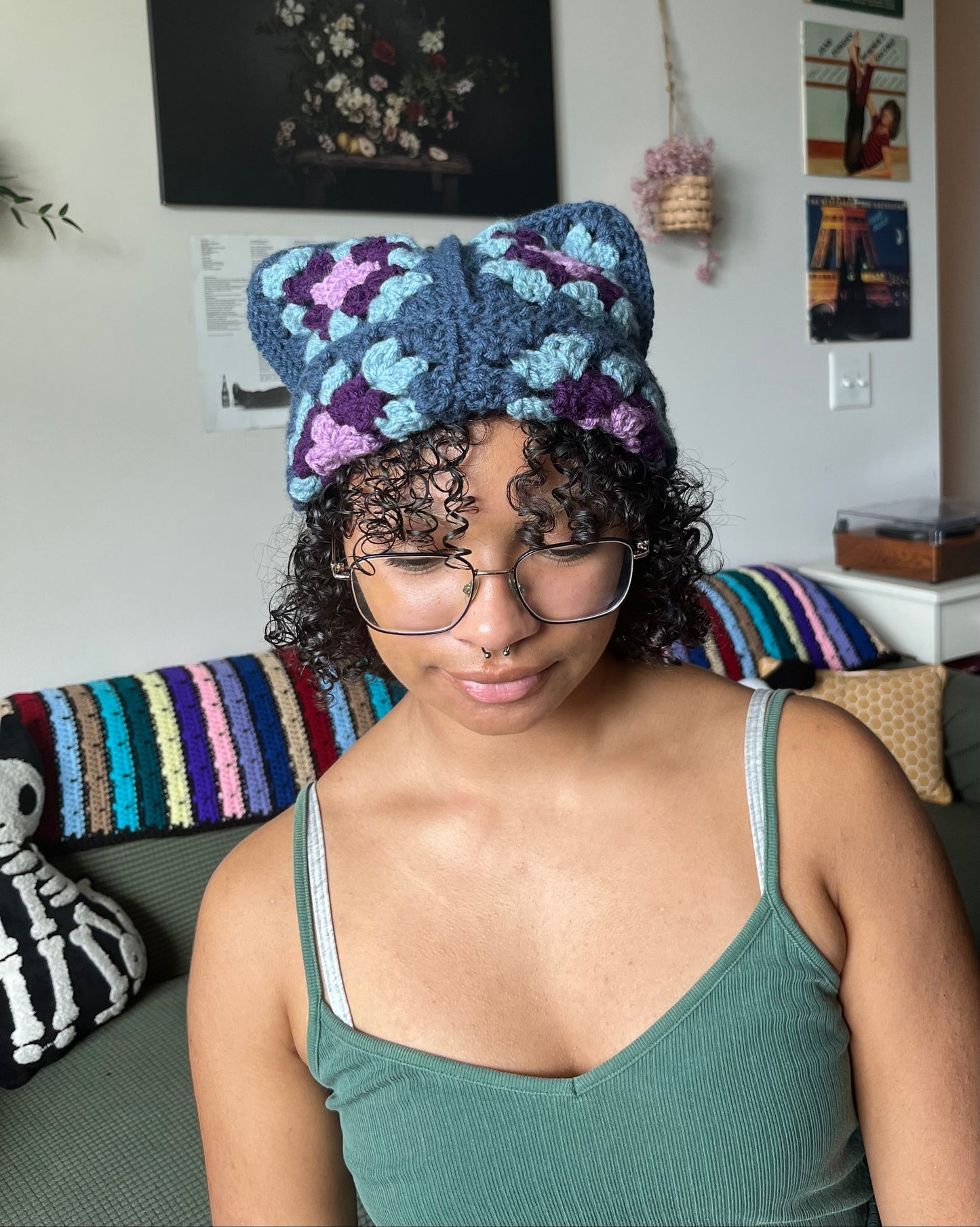 blue granny square cat beanie