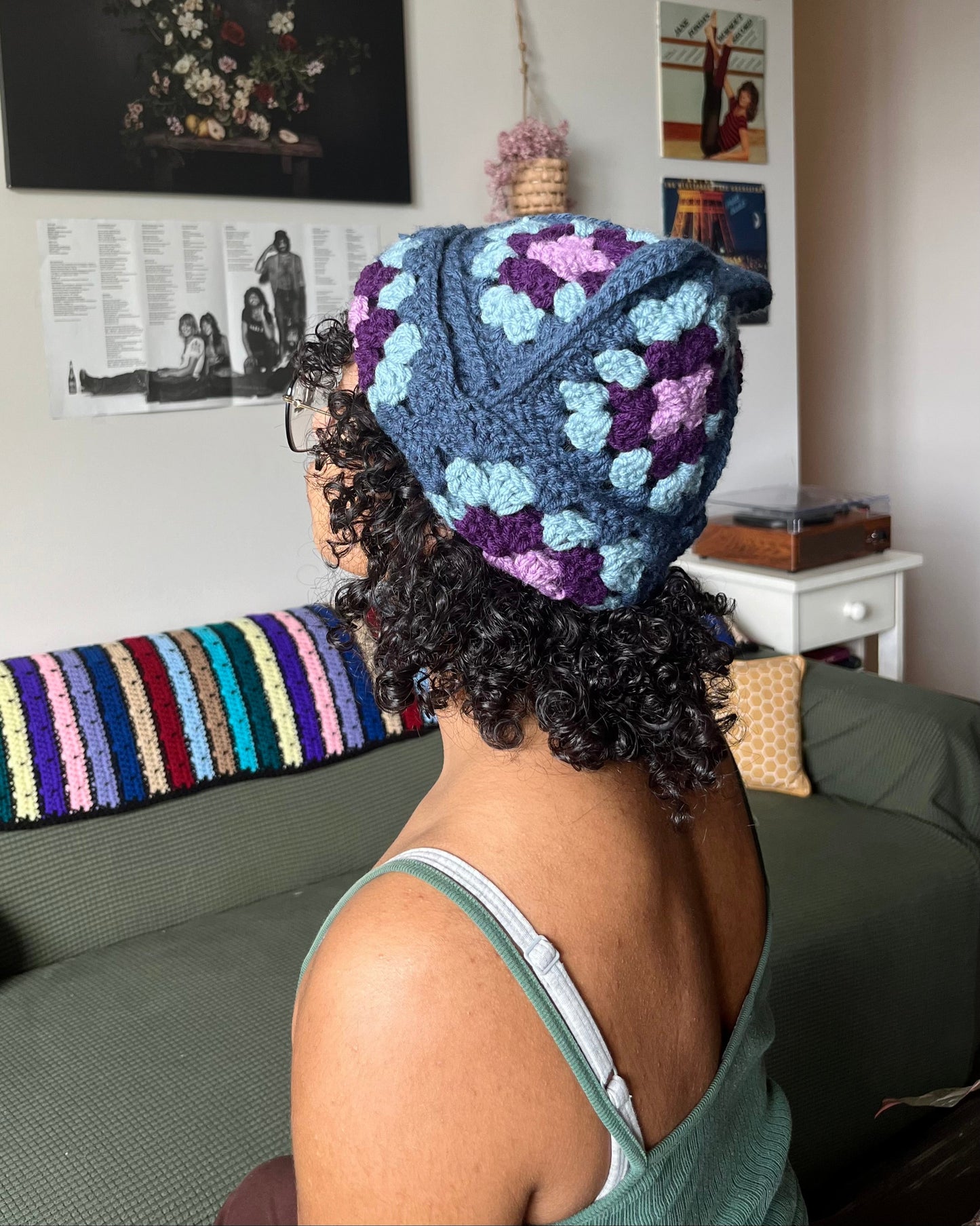 blue granny square cat beanie