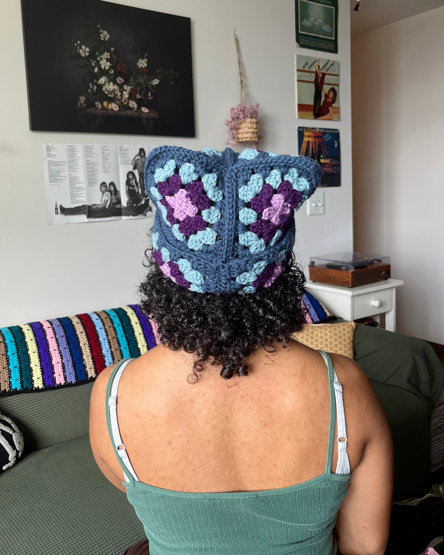 blue granny square cat beanie