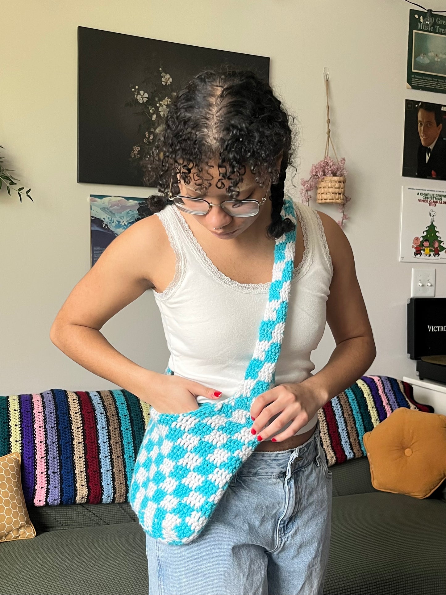 blue and white checkered bag