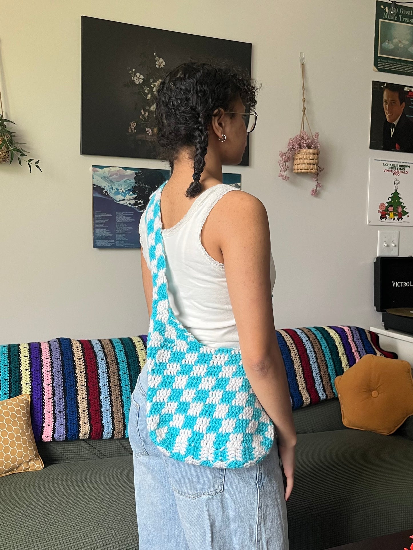 blue and white checkered bag
