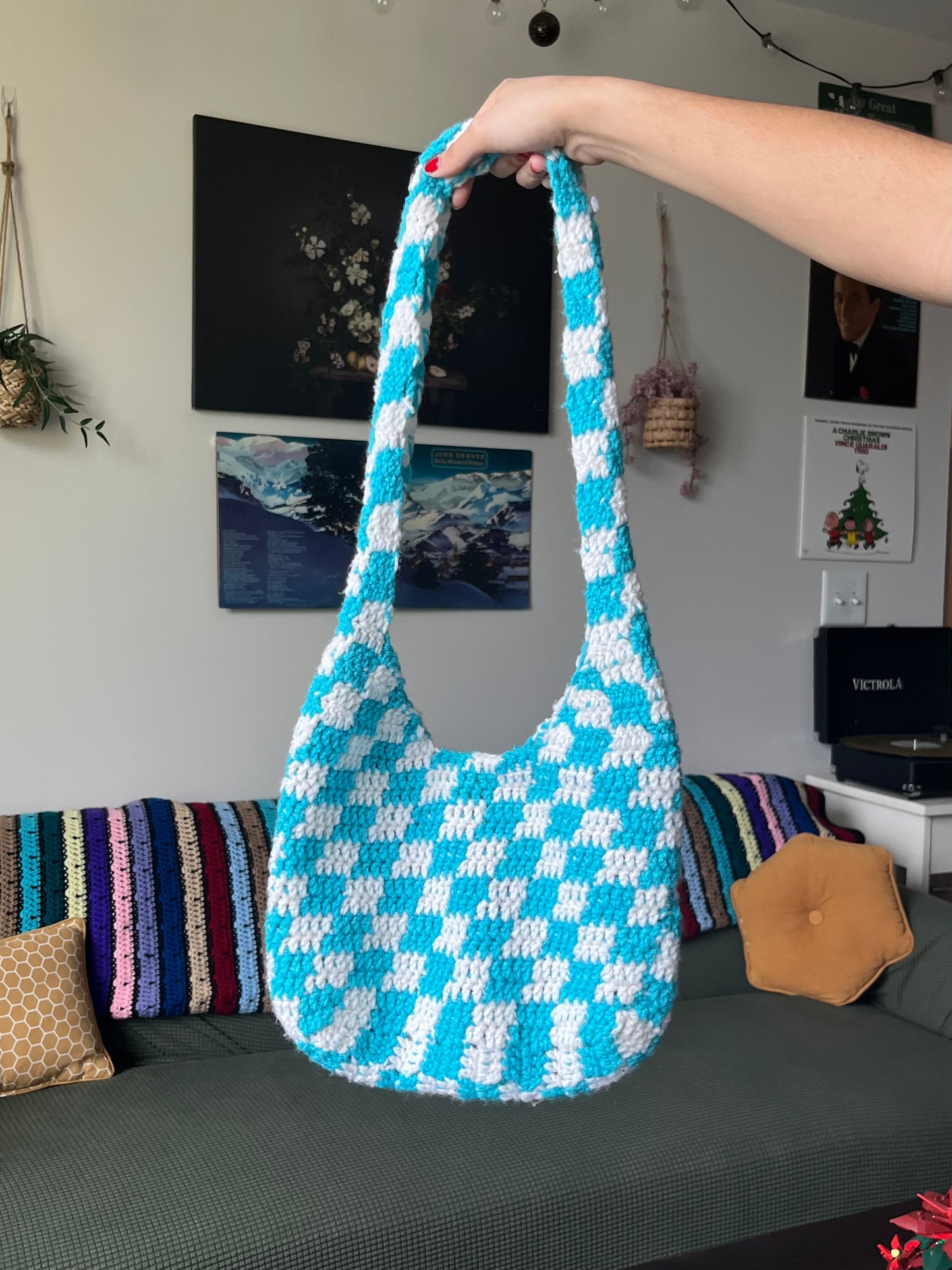 blue and white checkered bag