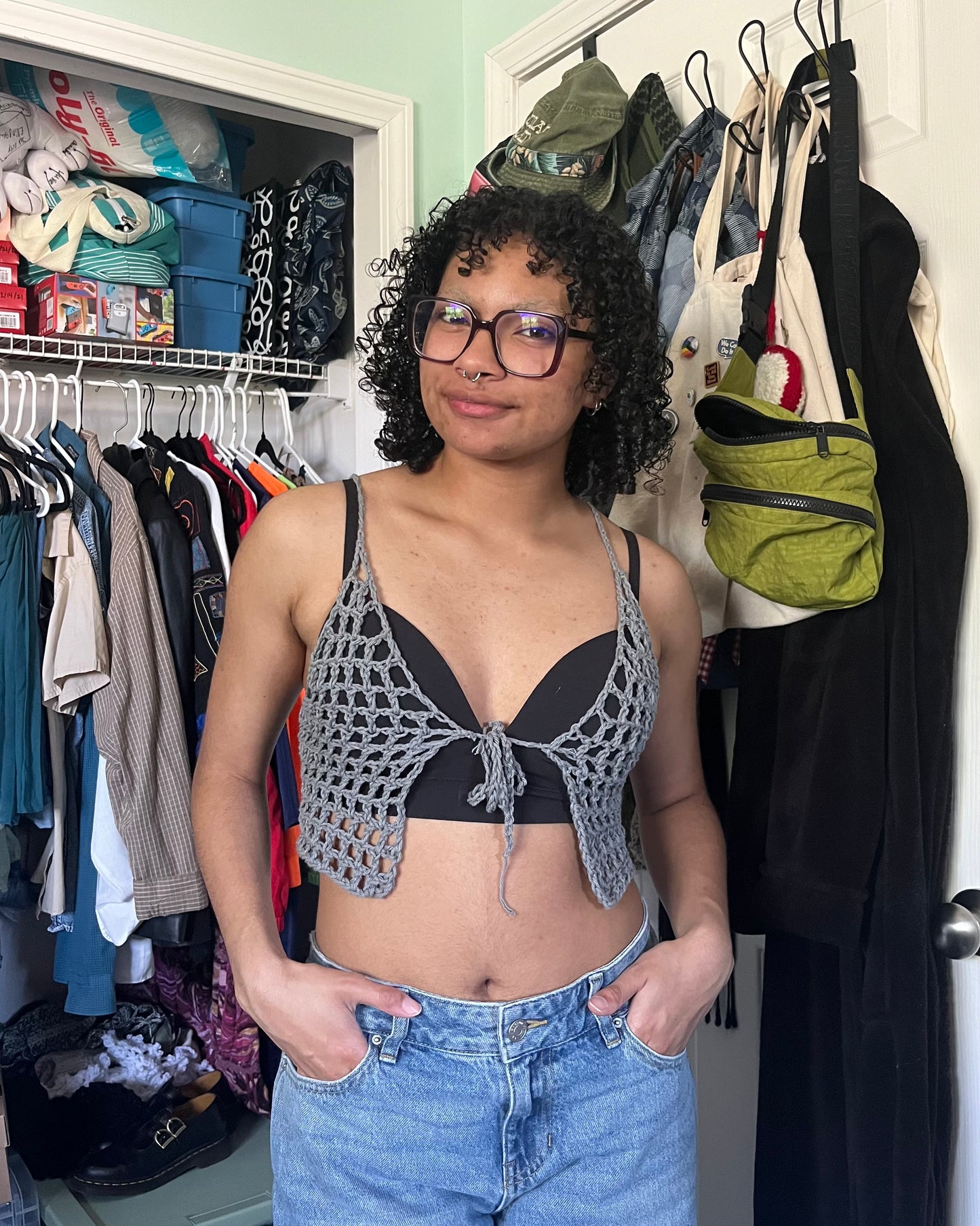storm gray mesh tie front top