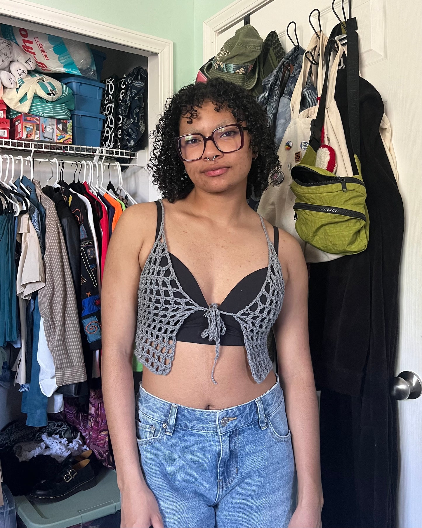storm gray mesh tie front top